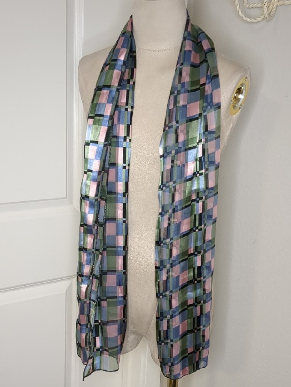 Vintage Pastel Geometric Organza Scarf In Pink, Green, & Blue 60" - Picture 7 of 9